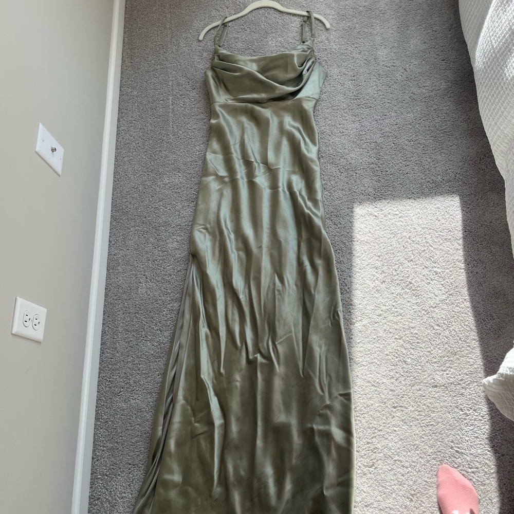 Revelry Sage Skye satin bridesmaid dress